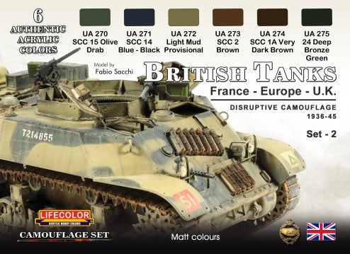 Lifecolor British Tanks France, Europe, UK 1936-45 Disruptive #2 Camouflage Acrylic Set (6 22ml Bottles)