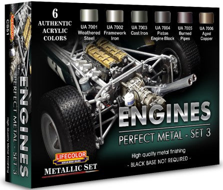 Lifecolor Engines Perfect Metal #3 Metallic Acrylic Set (6 22ml Bottles)
